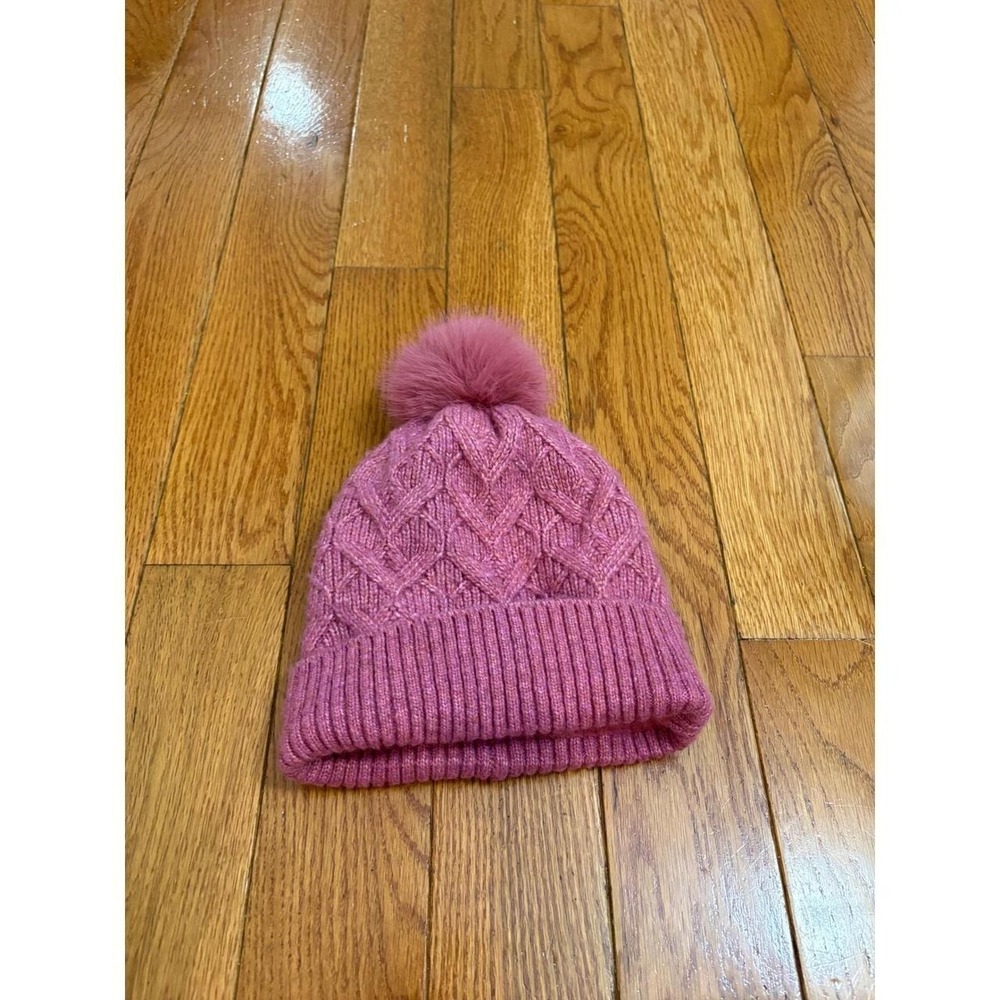 Cat & Jack Kids Pink Cable Knit Beanie Faux Fur Pom Pom Fleece Lined OSFM Hat
